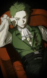 1boy alternate_costume brown_eyes closed_mouth clothing_request green_background green_hair highres kotaro_tamon long_sleeves looking_at_viewer male_focus phantom_busters short_hair signature simple_background sitting solo syanxxxg upper_body