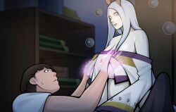1boy 1girl bad_tag blush boruto:_naruto_next_generations breasts brown_hair bulge erection erection_under_clothes grabbing_another&#039;s_breast groping highres hokage&#039;s_adopted_son huge_breasts huge_penis kimkun0162 large_penis lying medium_hair naruto_(series) ootsutsuki_kaguya penis surprised