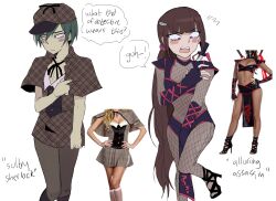 1boy 1girl ahoge alternate_costume black_hair blush bodysuit brown_bodysuit brown_hair chez_(gooselover) crossdressing crossdressing_(mtf) danganronpa_(series) danganronpa_v3:_killing_harmony detective hair_ornament hair_scrunchie harukawa_maki hat highres long_hair low_twintails mole mole_under_eye red_eyes red_scrunchie saihara_shuichi scrunchie twintails