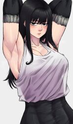 Rule 34 | 1girl, absurdres, arms behind head, black hair, black pants, breasts, chainsaw man, collarbone, female focus, highres, light blush, limn044, lips, long hair, looking at viewer, medium breasts, mitaka asa, pants, shiny skin, simple background, tank top, toned, toned female, upper body, white background