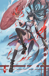 1girl absurdres animal animal_ears ankle_boots antenna_hair arknights arm_up asymmetrical_legwear bare_shoulders black_boots black_gloves black_hair black_shorts black_socks black_thighhighs blaze_(arknights) blaze_the_igniting_spark_(arknights) boots breasts chinese_commentary cleavage cleavage_cutout closed_mouth clothing_cutout commentary_request elbow_gloves floating floating_hair full_body giant_snake gloves green_eyes hair_between_eyes highres holding infection_monitor_(arknights) jiang_wu_(user_wewj7328) knee_up kneehighs long_hair looking_at_viewer magic medium_breasts oversized_animal short_shorts shorts single_elbow_glove single_kneehigh single_sock single_thighhigh smile snake socks solo thighhighs torn_clothes torn_thighhighs uneven_legwear