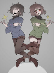 2others absurdres animification black_hair blood blood_from_mouth blood_on_face blue_sweater boots brown_boots brown_hair brown_pantyhose brown_shorts brown_thighhighs chara_(undertale) closed_eyes collared_shirt commentary_request crossed_arms crying crying_with_eyes_open floating_hair flower frisk_(undertale) full_body green_sweater grey_background happy heart heart_necklace high_heel_boots high_heels highres jewelry jumping long_sleeves looking_at_viewer mo_11220088 multiple_others necklace open_mouth pantyhose petals puffy_long_sleeves puffy_sleeves red_eyes sad shirt short_hair short_shorts shorts simple_background single_stripe smile star_(symbol) striped_clothes striped_sweater sweater tears teeth thighhighs turtleneck turtleneck_sweater undertale yellow_flower