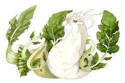 animal animal_focus black_sclera closed_mouth colored_sclera daikon dragon food-themed_creature food_focus full_body half-closed_eyes highres horns multiple_horns no_humans omarumaru original radish simple_background solo white_background yellow_eyes