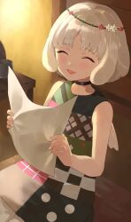 Rule 34 | 1girl, angel wings, black choker, blush, choker, closed eyes, commentary, dark-skinned female, dark skin, dress, grey hair, highres, holding, holding paper, indoors, konchi (63438789), maria (metaphor: refantazio), metaphor: refantazio, paper, short hair, sitting, sleeveless, sleeveless dress, smile, solo, white wings, wings