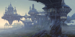 architecture bridge cliff commentary dawn dome english_commentary fantasy fog highres hwanggyu_kim ivy no_humans original outdoors palace scenery sky spire star_(sky) starry_sky statue tower window wire