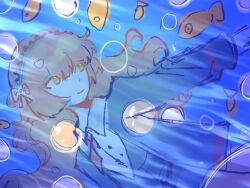1girl black_coat blunt_bangs bubble coat collared_shirt fish goldfish hair_ribbon headband highres ishmael_(project_moon) lcb_uniform_(project_moon) limbus_company long_hair motion_lines necktie neuronolc orange_hair outstretched_arm project_moon red_necktie ribbon shirt sketch smile solo swimming underwater upper_body white_shirt yellow_eyes