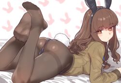 1girl animal_ears ass black_leotard black_pantyhose blazer breasts brown_eyes brown_hair brown_jacket closed_mouth ebora fake_animal_ears fake_tail fate/extra fate_(series) feet feet_up highres jacket kishinami_hakuno_(female) leotard leotard_under_clothes long_hair long_sleeves looking_at_viewer lying on_stomach pantyhose playboy_bunny rabbit_ears rabbit_tail school_uniform simple_background solo tail thighband_pantyhose tsukumihara_academy_uniform_(fate/extra)