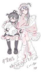 2girls absurdres asakusa_midori asymmetrical_bangs commentary ear_piercing earrings eizouken_ni_wa_te_wo_dasu_na! freckles goblet_42 highres holding holding_stuffed_toy jewelry kanamori_sayaka long_hair multiple_girls piercing rabbit_earrings stuffed_animal stuffed_rabbit stuffed_toy sweat white_background
