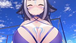 1girl 3d animal_ears animated animated_gif bikini black_hair blue_eyes blush bouncing_breasts breast_focus breasts cat_ears cat_girl cleavage collar collarbone dancing from_below indie_virtual_youtuber large_breasts markings orca orca_girl shylily sky smile solo swimsuit virtual_youtuber