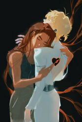 1boy 1girl alien_stage antenna_hair black_background black_tank_top blonde_hair brown_hair closed_eyes commentary dark-skinned_female dark_skin english_commentary hand_on_another&#039;s_shoulder head_on_another&#039;s_shoulder highres hug hyuna_(alien_stage) long_hair lower_teeth_only luka_(alien_stage) open_mouth pants sberrymacchiato shirt tank_top teeth white_pants white_shirt yellow_eyes