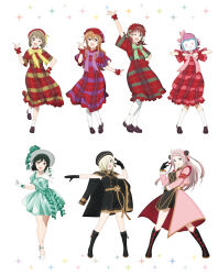 6+girls ahoge artbook black_gloves blonde_hair blue_eyes boots bow bowtie brown_hair double_bun dress emma_verde full_body gloves green_bow green_bowtie green_dress green_hair grey_hair hair_bun hair_over_one_eye hat highres konoe_kanata long_hair looking_at_viewer love_live! love_live!_nijigasaki_high_school_idol_club mia_taylor mifune_shioriko mole mole_under_eye multiple_girls nakasu_kasumi non-web_source official_art one_eye_closed open_mouth pantyhose pink_bow pink_bowtie pink_eyes pink_hair plaid_clothes plaid_dress purple_bow purple_bowtie purple_eyes red_dress red_eyes ribbon rina-chan_board short_hair smile socks standing tennoji_rina twintails white_background white_gloves wrist_cuffs yellow_bow yellow_bowtie yokota_takumi zhong_lanzhu