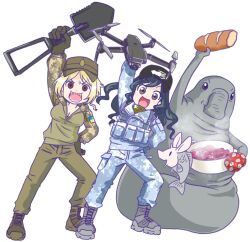 2girls 2others anonymous_(japanese) arm_up army azov_battalion black_gloves blonde_hair blush boots bowl breasts brown_boots brown_eyes brown_gloves camouflage cargo_pants cigarette cleavage digital_camouflage flower food gloves green_gloves green_hair green_pants grey_boots hand_on_own_hip happy hat holding holding_bowl holding_drone holding_food holding_shovel homunculus_loxodontus jacket japanon kraken_(japanon) leaning_to_the_side load_bearing_equipment long_hair looking_at_viewer marichka medium_breasts military military_combat_uniform military_fatigues military_uniform multiple_girls multiple_others open_mouth original outstretched_arm pants peaked_cap russo-ukrainian_war schweinokaras sharp_teeth shiny_eyes short_hair shovel smile smoke snow_camouflage soldier squid_print stomach sunflower tank_top teeth tongue ukraine unzipped white_background white_jacket winter_clothes