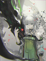 1girl absurdres animal_ear_fluff animal_ears arknights bare_shoulders closed_mouth collarbone dress green_dress green_eyes grey_hair half-closed_eyes hand_up highres jacket jiuxiaoshi kal&#039;tsit_(arknights) long_sleeves mon3tr_(arknights) mon3tr_(summon)_(arknights) off-shoulder_jacket off_shoulder puffy_long_sleeves puffy_sleeves smile white_jacket