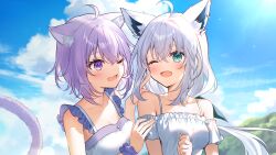 Rule 34 | 2girls, ;d, ahoge, animal ear fluff, animal ears, aqua eyes, bare arms, blue sky, blush, breasts, cat ears, cleavage, cloud, collarbone, day, dress, hair between eyes, highres, hololive, kisaragi yuri, looking at another, medium breasts, multiple girls, nekomata okayu, one eye closed, open mouth, outdoors, purple eyes, shirakami fubuki, sky, smile, tail, upper body, virtual youtuber, white dress, white hair