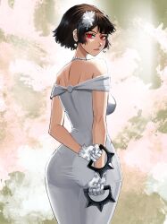 1girl absurdres ass bare_shoulders breasts brown_hair chaosoded closed_mouth commentary cowboy_shot dress earrings english_commentary floating_earrings flower from_behind gloves hair_flower hair_ornament highres holding holding_weapon jewelry large_breasts lips looking_at_viewer looking_back necklace niijima_makoto off-shoulder_dress off_shoulder official_alternate_costume pearl_earrings pearl_necklace persona persona_5 persona_5_tactica pink_lips red_eyes short_hair solo spiked_knuckles tight_clothes tight_dress weapon wedding_dress white_dress white_flower white_gloves wide_hips