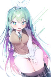 1girl aqua_hair black_skirt blue_eyes blue_hair blue_panties blush bow bow_hairband brown_sweater_vest clothes_pull colored_inner_hair commission dress_shirt erica_(soccer_spirits) feet_out_of_frame furrowed_brow gluteal_fold hair_bow hairband highres long_sleeves looking_at_viewer multicolored_hair open_mouth panties pink_hair plaid_clothes plaid_skirt pleated_skirt polka_dot polka_dot_bow sen_light shirt skirt skirt_pull soccer_spirits solo star-shaped_pupils star_(symbol) striped_clothes striped_panties sweater_vest symbol-shaped_pupils thigh_strap underwear white_background white_shirt