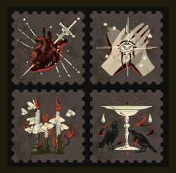 bird bug candle candlestand chalice crow cup emblem fire heart_(organ) highres insect moth nightman7917 no_humans original ribbon stab star_(symbol) sword water_drop weapon