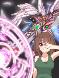 Rule 34 | 1girl, absurdres, breasts, brown hair, cosplay, covering one eye, feathers, green tank top, gundam, gundam wing, heero yuy, heero yuy (cosplay), highres, kuroha koudai, large breasts, magic circle, mecha, medium hair, name connection, princess connect!, robot, tank top, wing gundam zero, wings, yui (princess connect!), yui (real) (princess connect!)