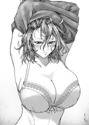Rule 34 | 1girl, arms up, blush, bra, breasts, character request, cleavage, hair between eyes, halftone, koyubi (littlefinger1988), large breasts, looking at viewer, simple background, solo, touhou, underwear, undressing, upper body, white background