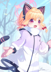 1girl :3 :d animal_ear_headphones animal_ears artist_name bare_tree black_pantyhose black_tail blonde_hair blue_archive blurry blurry_background blush bow cat_ear_headphones cat_ears cat_tail coat commentary cowboy_shot day depth_of_field dot_nose eyes_visible_through_hair fake_animal_ears fake_tail floating_hair hair_bow halo hand_up headphones highres hood hood_down hooded_coat light_rays long_sleeves looking_at_viewer looking_to_the_side losno low-tied_sidelocks mittens momoi_(blue_archive) momoi_(winter)_(blue_archive) multicolored_coat multiple_hair_bows official_alternate_costume open_mouth outdoors pantyhose pink_coat pink_eyes pink_halo pink_mittens puffy_long_sleeves puffy_sleeves red_bow scarf short_hair sidelocks signature sky smile snow snowing solo sunbeam sunlight tail tail_raised tareme teeth tree upper_teeth_only white_coat white_scarf winter winter_clothes winter_coat zipper zipper_pull_tab