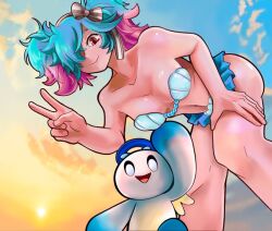 Rule 34 | bikini, blue hair, bow, coif, fire emblem, fire emblem fates, hair over one eye, multicolored hair, nintendo, pepperoniravioli, peri (fire emblem), pink hair, red eyes, seashell bikini, swimsuit, twintails, two-tone hair, victory pose
