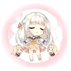 3girls blonde_hair blush blush_stickers bow braid brown_dress brown_sailor_collar c: chibi circle closed_eyes criss-cross_halter dress energy_barrier energy_shield fairy_(girls&#039;_frontline) french_braid full_body girls&#039;_frontline hair_bow hair_ribbon halterneck honeycomb_(pattern) long_hair long_sleeves multiple_girls neck_ribbon official_art open_mouth outstretched_arms red_eyes ribbon sailor_collar saru shield_fairy_(girls&#039;_frontline) shirt shoes simple_background skirt smile sparkle third-party_source transparent_background white_bow white_hair white_shirt white_shoes yellow_ribbon yellow_skirt |_|