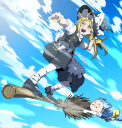 2girls apron arm_behind_head back_bow black_footwear black_hat black_skirt black_vest blonde_hair blue_hair blue_sky bow braid broom broom_riding buttons cirno cirno_day clenched_hand cloud cloudy_sky collared_shirt commentary_request day double-breasted flying frilled_apron frills full_body hair_bow hat hat_bow inuno_rakugaki kirisame_marisa long_hair mary_janes multiple_girls open_mouth outdoors puffy_short_sleeves puffy_sleeves shirt shoes short_hair short_sleeves side_braid skirt skirt_set sky smile socks touhou vest waist_apron white_apron white_bow white_shirt white_socks wind wings witch witch_hat yellow_eyes