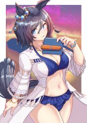 1girl absurdres animal_ears bead_bracelet beads bikini black_hair blue_bikini blue_eyes blurry blurry_background book border bracelet breasts cleavage commentary_request cowboy_shot ear_ornament eishin_flash_(reines_plaetschern)_(umamusume) eishin_flash_(umamusume) flova11 highres holding holding_book horse_ears horse_girl horse_tail jacket jewelry medium_breasts navel necklace official_alternate_costume open_clothes open_jacket outside_border parted_lips short_hair smile solo stomach swimsuit tail umamusume white_border white_jacket