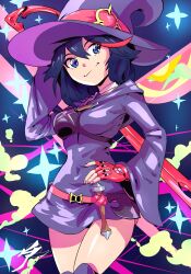 Rule 34 | 1girl, aetherion, belt, black hair, blue eyes, breasts, commentary, company connection, cosplay, covered navel, dress, erica mendez, fingerless gloves, gloves, hair between eyes, hand on own hip, hat, highres, hood, hood down, kill la kill, legs together, light smile, little witch academia, long sleeves, luna nova school uniform, matoi ryuuko, medium breasts, muneate, over-kneehighs, over shoulder, red gloves, school uniform, scissor blade (kill la kill), senketsu, short dress, single glove, solo, standing, symbol-shaped pupils, thighhighs, thighs, trigger (company), voice actor connection, wand, weapon, weapon over shoulder, witch hat