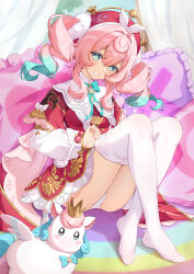 1girl aqua_eyes aqua_hair clothes_pull commentary_request dress hat highres honkai:_star_rail honkai_(series) hyacine_(honkai:_star_rail) jinyc_yilan little_ica_(honkai:_star_rail) looking_at_viewer medium_hair multicolored_hair on_bed panties pantyhose pantyhose_pull pegasus pillow pink_hair red_dress red_hat smile thighs twintails two-tone_hair underwear undressing white_panties white_pantyhose