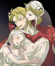 1boy 1girl alternate_costume bare_arms bare_shoulders black_background blonde_hair blush breasts cape cleavage clenched_hand closed_eyes collarbone collared_cape collared_shirt couple dagger dimitri_alexandre_blaiddyd dimitri_alexandre_blaiddyd_(timeskip) double_bun dress dual_wielding edelgard_von_hresvelg edelgard_von_hresvelg_(timeskip) fake_horns fire_emblem fire_emblem:_three_houses gloves gradient_background hair_bun hair_slicked_back hair_up hand_on_another&#039;s_arm happy headpiece hetero high_collar highres holding holding_dagger holding_knife holding_weapon horns ikaikakka knife leaning_on_person leaning_to_the_side lingerie long_sleeves low_ponytail medium_breasts nintendo off_shoulder open_mouth parted_bangs ponytail purple_eyes red_cape red_dress shade shirt short_hair underwear weapon white_hair white_shirt