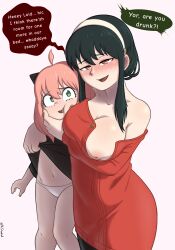 absurdres adopted_daughter age_difference ahoge anya_(spy_x_family) bad_tag black_hair blush breasts clothes_lift cloverworks dress dress_lift drunk english_text green_eyes hairband hairpods highres imminent_incest incest large_breasts legs loli long_hair looking_at_viewer medium_hair mother_and_daughter mr_snowkell navel nervous_smile nipples panties pink_hair red_eyes smile speech_bubble spy_x_family standing stomach thighs twintails underwear white_background white_panties wit_studio yor_briar