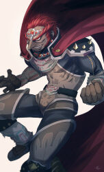 Rule 34 | 1boy, absurdres, armor, belt, black armor, black belt, cape, clenched hand, facial hair, foot out of frame, ganondorf, grin, highres, looking ahead, male focus, mutton chops, nintendo, orange eyes, red cape, simple background, smile, solo, the legend of zelda, the legend of zelda: ocarina of time, thick eyebrows, white background, yuuri (fukuroudou)