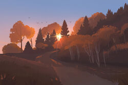 artist_name bird blue_sky bush evening forest grass huhv. nature no_humans original outdoors path road scenery sky sun sunlight sunset tree