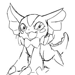 black_eyes claws digimon digimon_(creature) elizamon fang happy looking_at_viewer megane_nadore open_mouth ribbon sketch tail