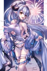 1girl arm_strap blue_ribbon breasts brown_eyes cokecoco collarbone female_focus floating_hair granblue_fantasy groin hair_between_eyes hair_ornament high_ponytail highres horns izmir izmir_(summer)_(granblue_fantasy) long_hair medium_breasts midriff navel panties pointy_ears ponytail ribbon sash sideboob signature silver_hair solo standing stomach thigh_strap underboob underwear very_long_hair white_panties