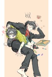 2boys animal_ears bandaid bandaid_on_arm bandaid_on_leg barefoot biting black_hair black_pants book cat_ears child closed_eyes dog_boy dog_ears dog_tail heart highres jacket long_sleeves lying male_focus multiple_boys original pants paw_print purple_eyes qyzhiaiyisheng red_shirt shirt short_hair short_sleeves shorts simple_background tail