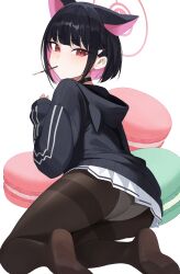 1girl absurdres animal_ears ass black_choker black_hair black_hoodie black_pantyhose blue_archive blush bob_cut cat_ears choker closed_mouth colored_inner_hair commentary extra_ears fingernails food food-themed_background hair_behind_ear hair_ornament hairclip halo highres hood hoodie kazusa_(blue_archive) long_sleeves looking_at_viewer looking_back macaron medium_hair mouth_hold multicolored_hair no_shoes panties panties_under_pantyhose pantyhose pink_eyes pink_hair pink_halo pocky simple_background skirt sleeves_past_wrists soles solo thighband_pantyhose two-tone_hair underwear weimiaw white_background white_panties white_skirt