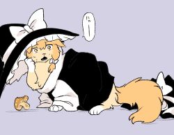 Rule 34 | animal, animal focus, animalization, black hat, bow, cat, clothed animal, commentary request, hat, hat bow, kirisame marisa, min.k, mushroom, no humans, purple background, simple background, speech bubble, tail, touhou, translation request, white bow, witch hat, yellow eyes, yellow fur