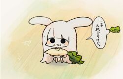 1girl animal_ears black_eyes chibi chibi_only daikon eating food food_bite food_on_face full_body holding holding_food jacket long_hair looking_at_viewer open_clothes open_jacket original pankichi_anko rabbit_ears rabbit_girl radish solo speech_bubble standing tareme very_long_hair white_hair