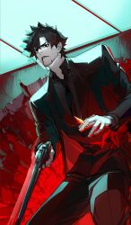 1boy afterimage beard_stubble between_fingers black_eyes black_hair black_jacket black_necktie black_pants black_suit blood blood_from_mouth bullet buttons clenched_teeth collared_shirt commentary_request cowboy_shot dress_pants dress_shirt dutch_angle emiya_kiritsugu facial_hair fate/grand_order fate/zero fate_(series) formal_clothes frown game_cg grey_shirt gun handgun holding holding_bullet holding_gun holding_weapon indoors jacket lapels limited_palette long_sleeves male_focus necktie notched_lapels official_art ogata_tomio pants parted_lips partial_commentary partially_unbuttoned serious shirt short_hair solo spiked_hair stubble suit suit_jacket teeth third-party_source thompson/center_contender weapon wing_collar