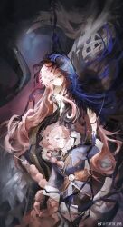 Rule 34 | 2girls, black dress, black gloves, black hands, black liquid, black veil, blue veil, chimera, closed eyes, closed mouth, coat, colored extremities, cracked skin, dress, dual persona, gloves, highres, long hair, looking at viewer, monster girl, multiple girls, nautika (reverse:1999), pink hair, plunging neckline, purple coat, reverse:1999, san sui dingshang ya, strapless, strapless dress, tail, two-tone veil, veil, very long hair, watermark, weibo watermark