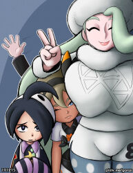 Rule 34 | 2boys, 2girls, allister (pokemon), artist name, bea (pokemon), black hair, blocking, blonde hair, blue eyes, bob cut, breast rest, breasts, breasts on head, closed eyes, closed mouth, fur collar, fur hat, fur trim, garabato, gordie (pokemon), grey hair, hairband, hat, large breasts, lips, long hair, long sleeves, mask, mature female, melony (pokemon), multicolored hair, multiple boys, multiple girls, nintendo, one eye closed, pantyhose, pantyhose under shorts, pokemon, pokemon swsh, purple eyes, short hair, shorts, streaked hair, sweater, ushanka, v, white shorts, white sweater