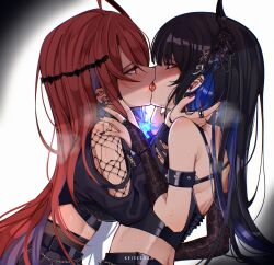 2girls absurdres ahoge asymmetrical_horns black_hair black_nails breasts colored_inner_hair demon_horns elizabeth_rose_bloodflame fishnets french_kiss goth_fashion highres hololive hololive_english horns huge_ahoge keisea kiss kiss_focus lace_sleeves long_hair mole mole_under_eye multicolored_hair multiple_girls nerissa_ravencroft red_eyes saliva tongue tongue_out upper_body very_long_hair virtual_youtuber yuri