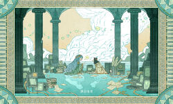 1girl 37_(reverse:1999) ancient_greek_clothes blue_eyes blue_robe book book_stack border border_collie cable cloud column copyright_name dog face-to-face from_side geometry greco-roman_clothes highres index_finger_raised laurel_crown logo long_hair looking_at_another math monitor official_art open_book ornate_border paper pickles_(reverse:1999) pillar reverse:1999 robe sky solo speech_bubble spoken_sparkle wide_shot yellow_sky