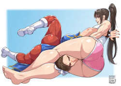 absurdres asphyxiation ass bare_shoulders between_thighs blush boots bracelet breasts brown_eyes brown_hair bun_cover capcom china_dress chinese_clothes choke_hold chun-li cirenk cleavage double_bun dress face_in_crotch fatal_fury femdom hair_bun hands_on_another&#039;s_thighs head_between_knees head_between_thighs high_ponytail highres jewelry large_breasts long_hair pantyhose pelvic_curtain ponytail revealing_clothes scissorhold shiranui_mai sideboob simple_background smile snk spiked_bracelet spikes squeezing strangling street_fighter submission_hold the_king_of_fighters thick_thighs thighs triangle_choke white_boots wrestling yuri