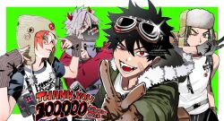 4boys bandaid bandaid_on_face black_gloves black_hair border brown_eyes brown_gloves closed_mouth clothing_request commentary commentary_request cross_scar double_v eugene_korekishi fangs fur-trimmed_jacket fur_trim gloves goggles goggles_on_head green_background green_eyes green_hair grey_hair hand_in_pocket high_collar highres horns jacket kanzaki_kaoru kotaro_tamon long_sleeves looking_at_viewer mask milestone_celebration mogari_shishikuno mouth_mask multiple_boys neoshoco one_eye_closed open_mouth orange_hair outside_border phantom_busters purple_eyes red_eyes red_horns round_eyewear scar scar_across_eye scar_on_face shirt short_hair signature tank_top thank_you tongue upper_body v v-shaped_eyebrows white_border white_shirt white_tank_top