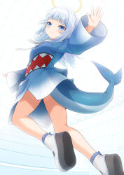 1girl agiri_(agiri_box) animal_costume blue_eyes blue_hoodie blunt_bangs fins fish_tail gawr_gura gawr_gura_(1st_costume) goodbye graduation highres hololive hololive_english hood hoodie long_sleeves looking_at_viewer looking_back multicolored_hair shark_costume shark_girl shark_print shark_tail shoes smile solo stairs streaked_hair tail two_side_up virtual_youtuber waving