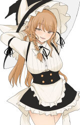 1girl alternate_eye_color apron black_hat blonde_hair bow braid constricted_pupils frilled_hat frills green_eyes hair_bow hat hat_bow highres kirisame_marisa long_hair looking_at_viewer neck_ribbon necro_(nekurodayo) open_mouth ribbon shirt side_braid simple_background single_braid skirt slit_pupils smile solo touhou waist_apron white_background white_bow witch_hat