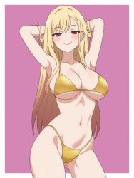 1girl absurdres armpits arms_behind_head bikini blonde_hair blush border breasts commentary cowboy_shot dani_(angrymatthew) ear_piercing english_commentary gold_bikini gyaru highres kitagawa_marin large_breasts licking_lips long_hair looking_at_viewer navel piercing purple_background red_eyes seductive_gaze seductive_smile simple_background smile solo sono_bisque_doll_wa_koi_wo_suru stomach swimsuit thighs tongue tongue_out very_long_hair white_border